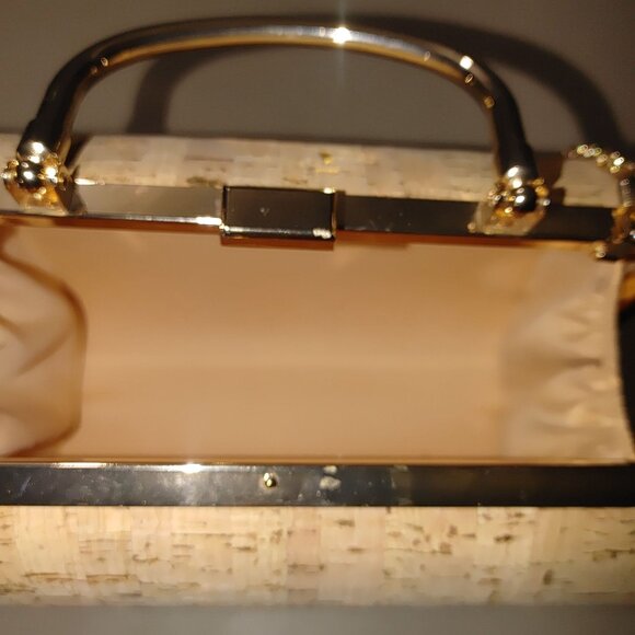 Crossbody Cork Gold Tone Hard Shell Handbag Purse Bag Case Chain Metal Handle - Picture 9 of 12
